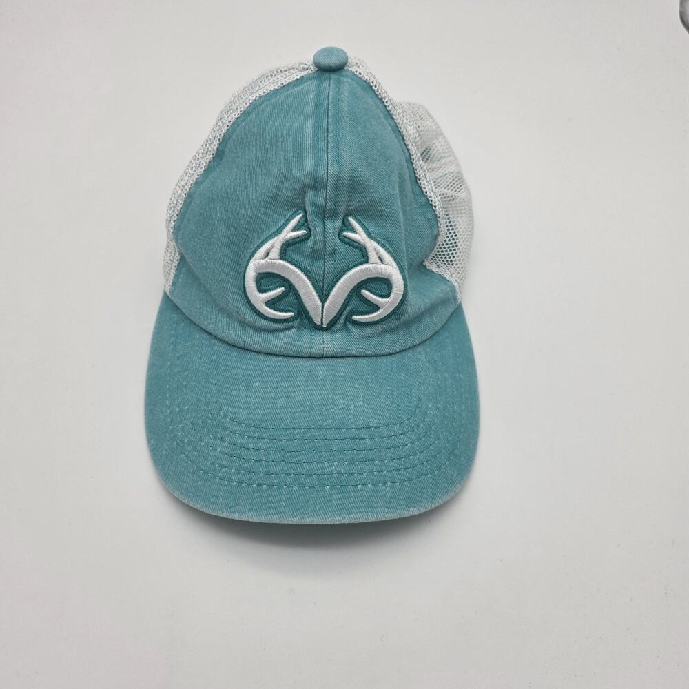 Realtree Outfitters Teal White Mesh Trucker Hat Antler Logo Snapback Cap